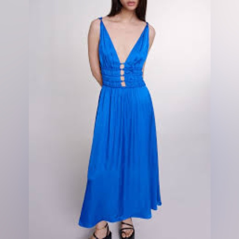 NWT MAJE Ryalana Plunge Neck Midi Dress Size 36 Royal Blue